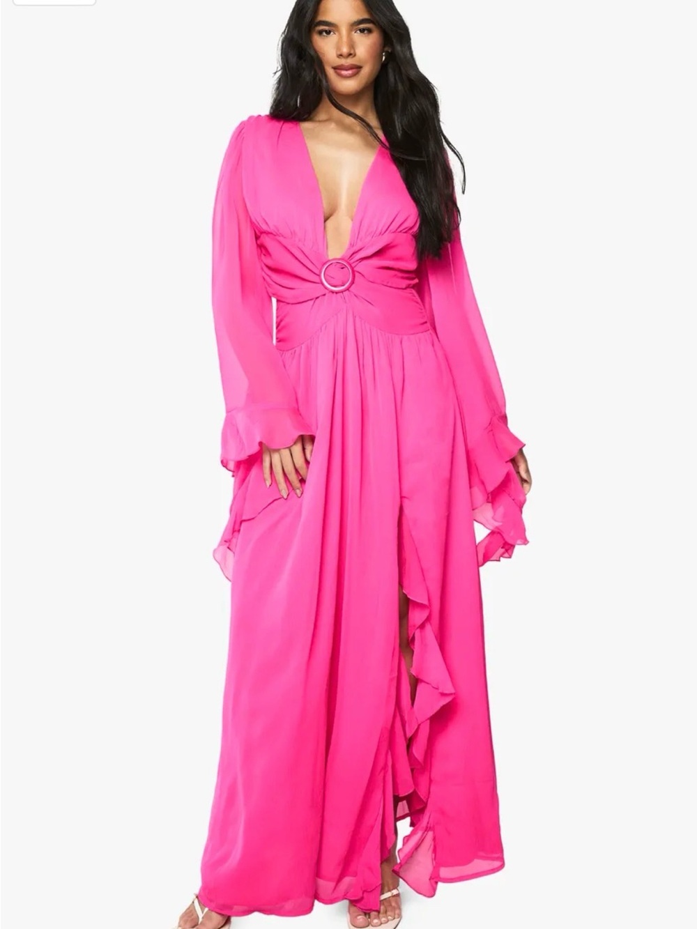 Boohoo Hot Pink Plunge Maxi Dress with Ring Detail